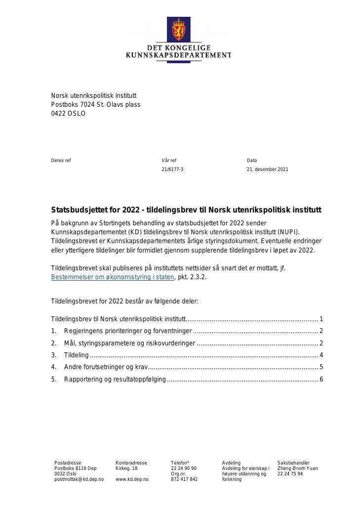 Forsiden av dokumentet Tildelingsbrev Norsk utenrikspolitisk institutt 2022