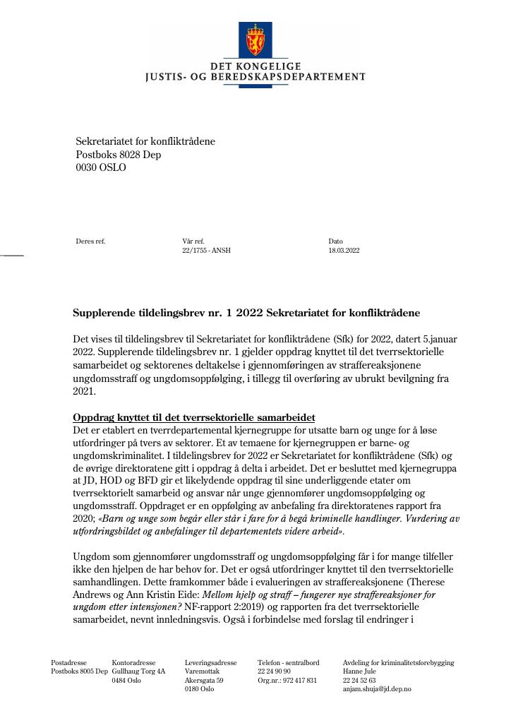 Forsiden av dokumentet Tildelingsbrev Sekretariatet for kriminalrådene 2022 - tillegg nr. 1