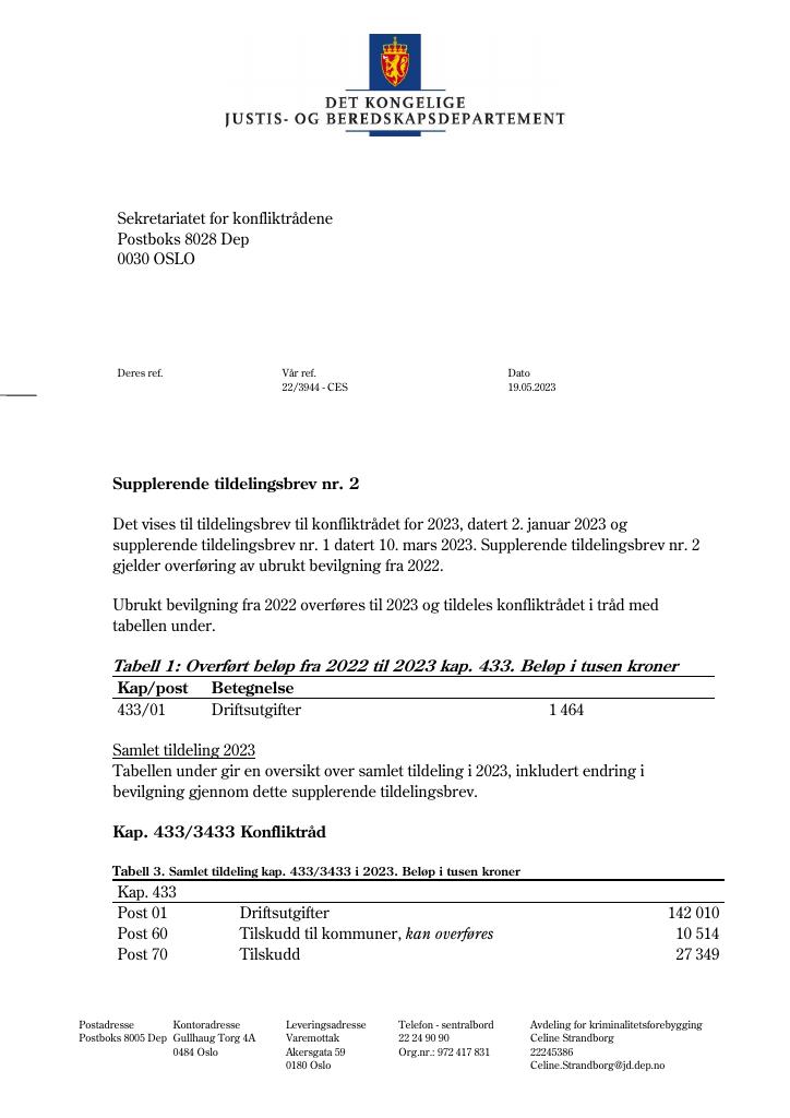 Forsiden av dokumentet Tildelingsbrev Konfliktrådet 2023 - tillegg nr. 2