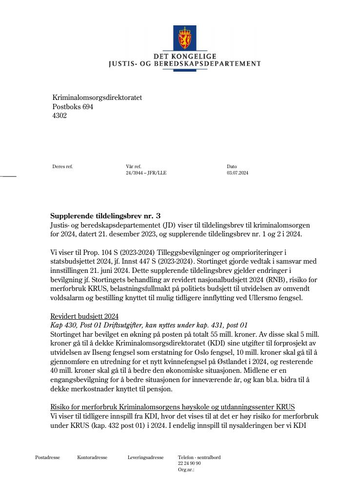 Forsiden av dokumentet Tildelingsbrev Kriminalomsorgen 2024 - tillegg nr. 3