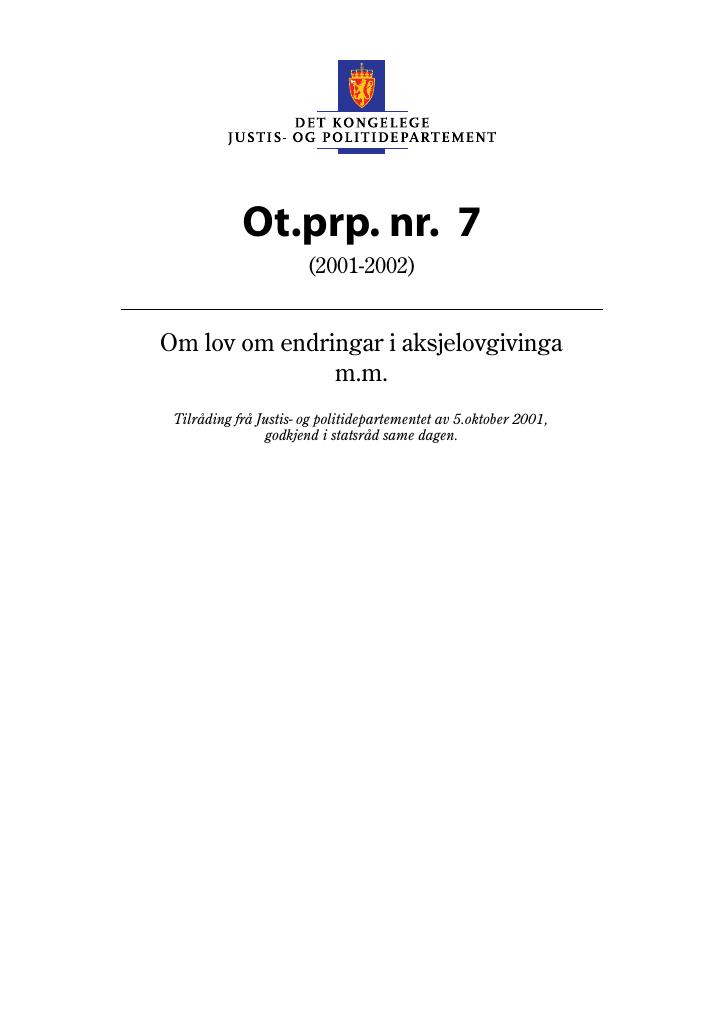 Forsiden av dokumentet Ot.prp. nr. 7 (2001-2002)