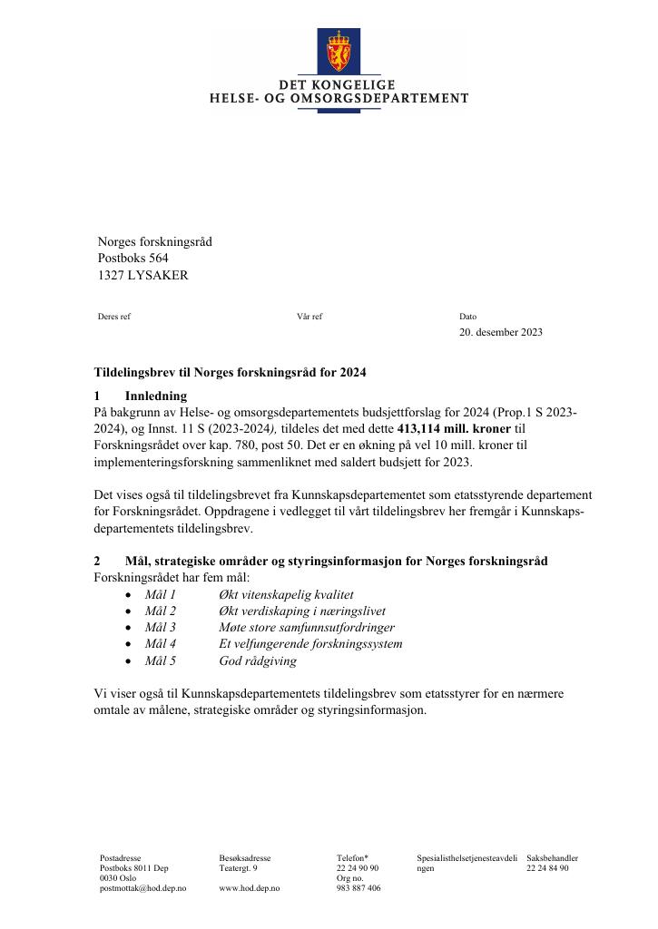 Forsiden av dokumentet Tildelingsbrev 2024