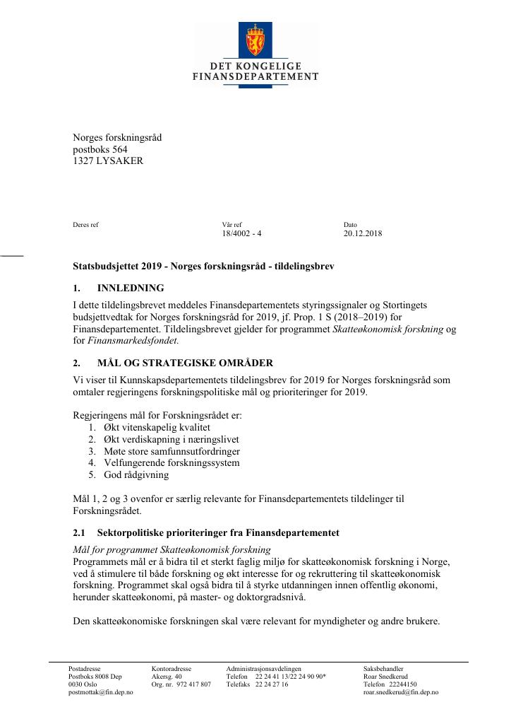 Forsiden av dokumentet Tildelingsbrev Forskningsrådet 2019