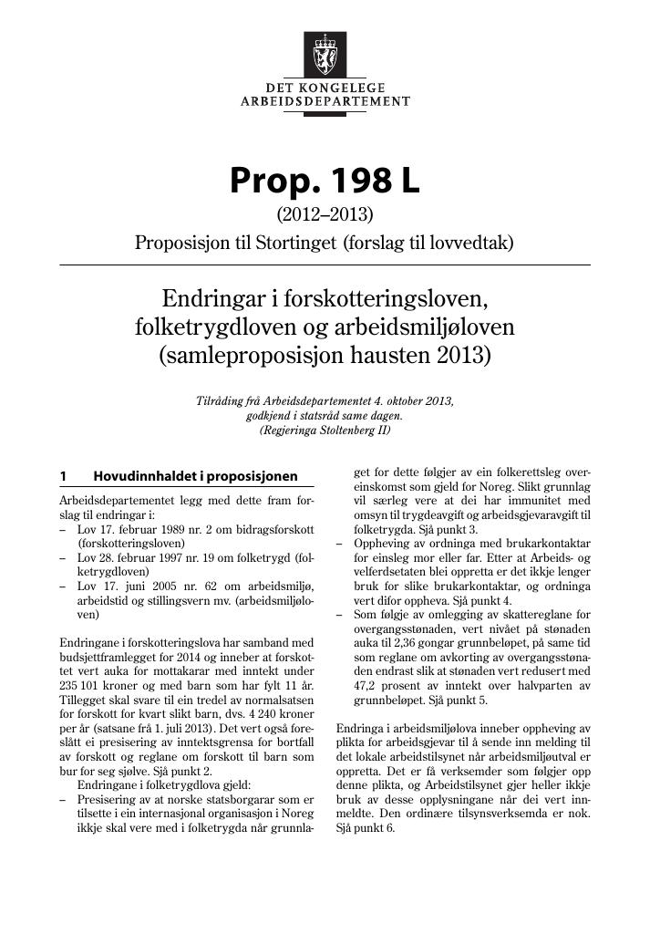 Forsiden av dokumentet Prop. 198 L (2012–2013)