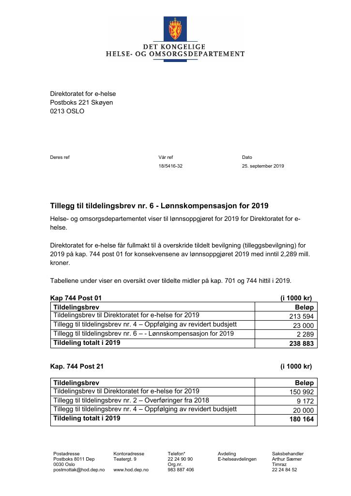 Forsiden av dokumentet Supplerende nr. 6 Direktoratet for e-helse 2019