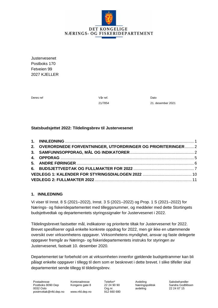 Forsiden av dokumentet Tildelingsbrev Justervesenet 2022