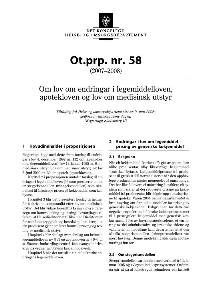 Forsiden av dokumentet Ot.prp. nr. 58 (2007-2008)