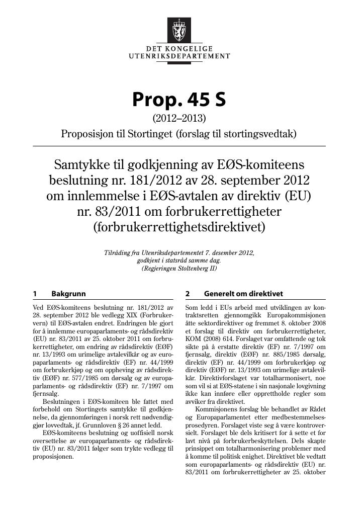 Forsiden av dokumentet Prop. 45 S (2012–2013)