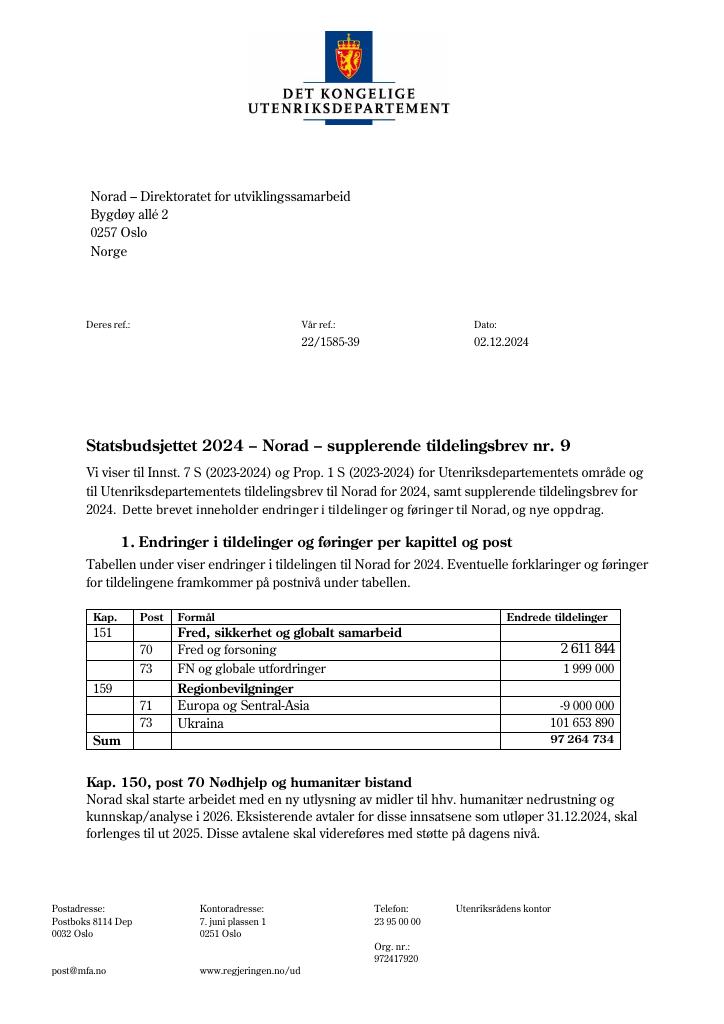 Forsiden av dokumentet Tildelingsbrev Norad 2024 - tillegg nr. 9