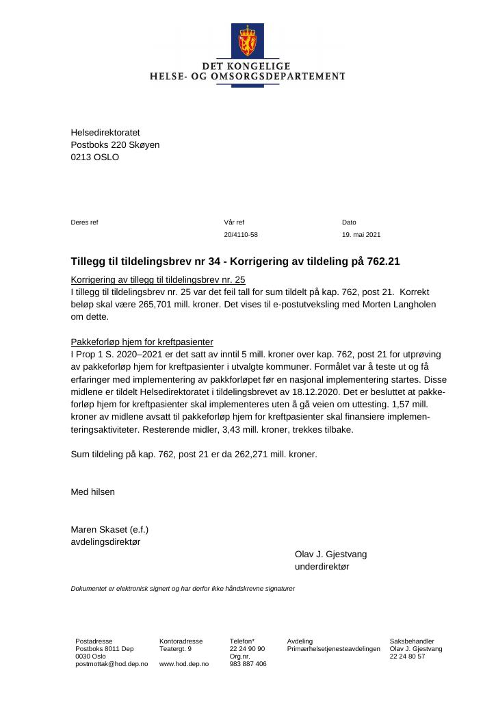Forsiden av dokumentet Tildelingsbrev Helsedirektoratet 2021 - tillegg nr. 34