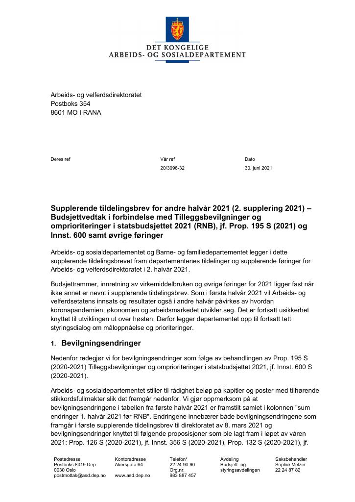 Forsiden av dokumentet Tildelingsbrev Arbeids- og velferdsdirektoratet 2021 - tillegg nr. 2