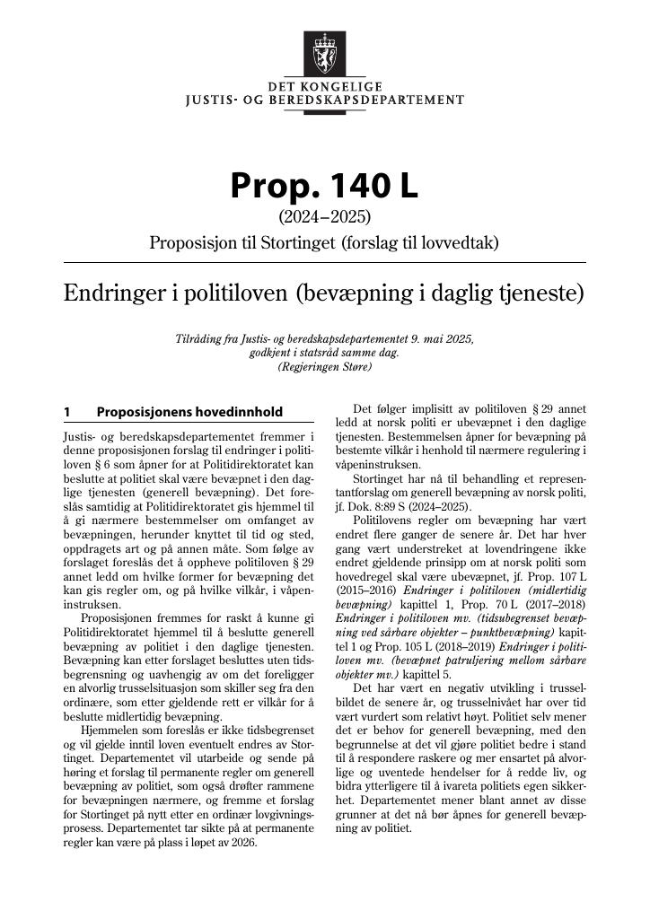Forsiden av dokumentet Prop. 140 L (2024–2025)