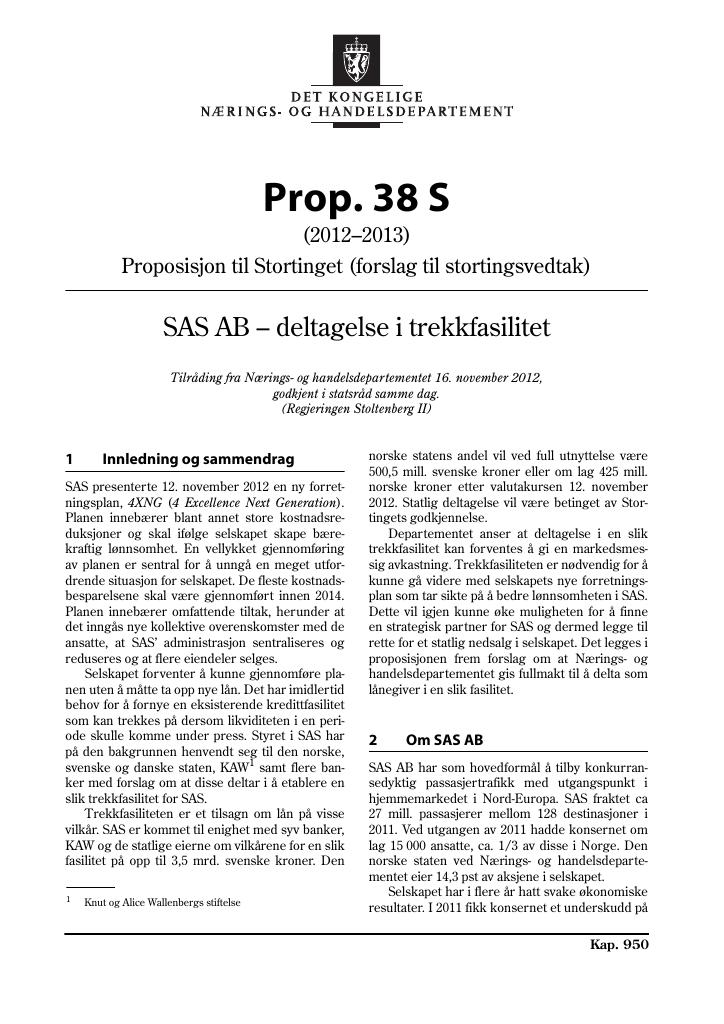 Forsiden av dokumentet Prop. 38 S (2012–2013)