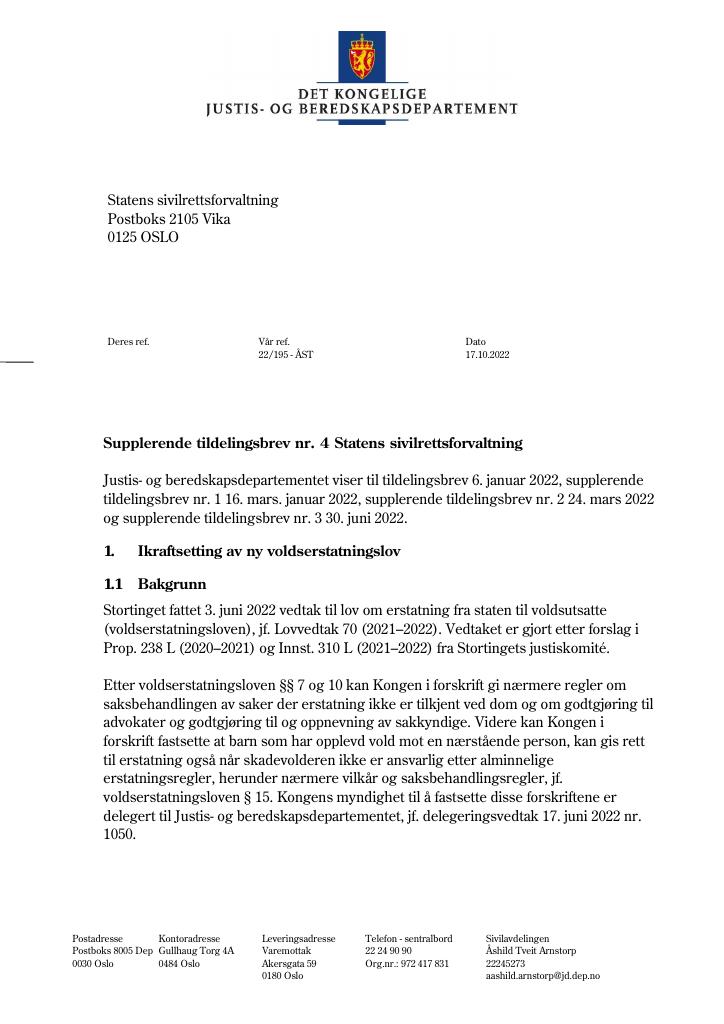 Forsiden av dokumentet Tildelingsbrev Statens sivilrettsforvaltning 2022 - tillegg nr. 4