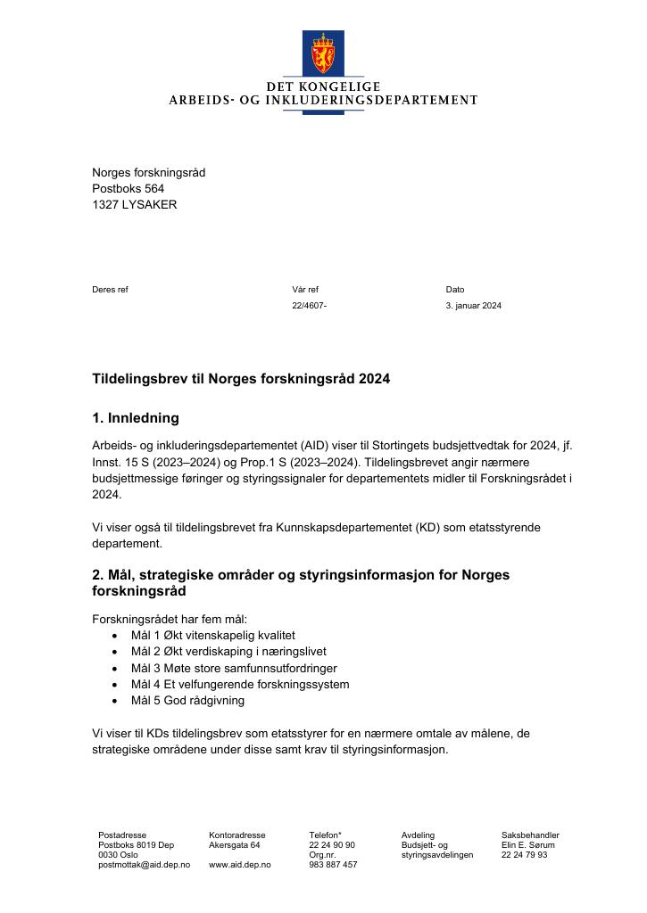 Forsiden av dokumentet Tildelingsbrev til Norges forskningsråd for 2024 (pdf)