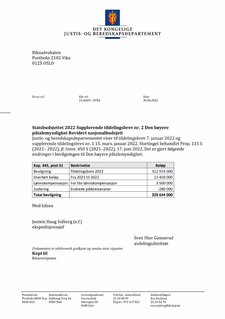 Forsiden av dokumentet Tildelingsbrev Riksadvokaten 2022 - tillegg nr 2