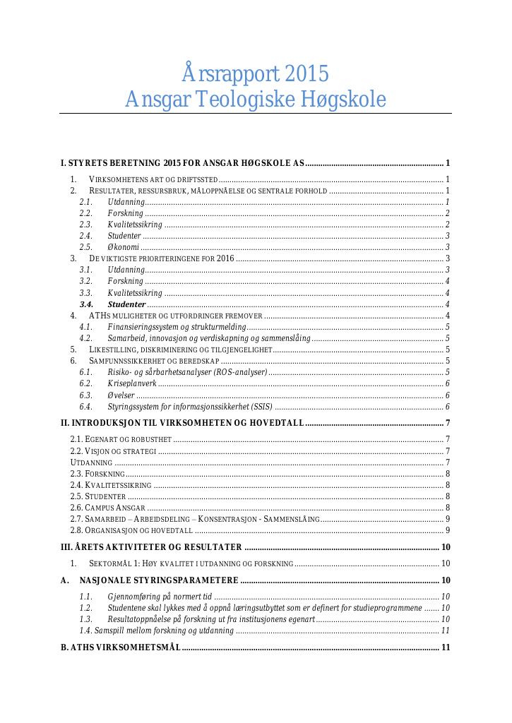 Forsiden av dokumentet Årsrapport Ansgar høyskole 2015