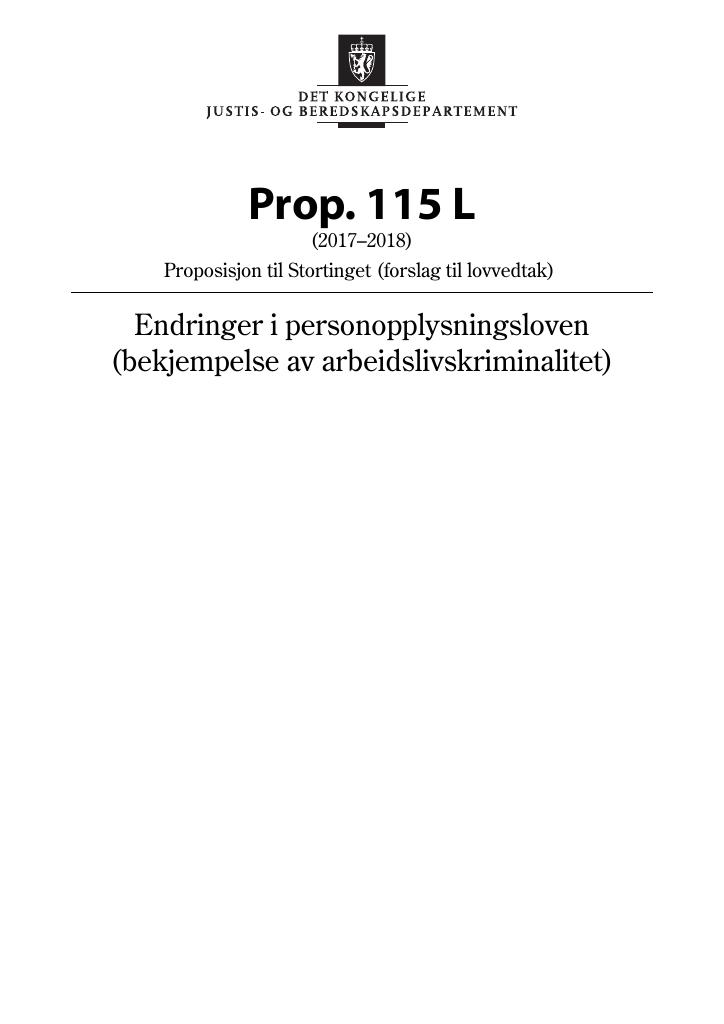 Forsiden av dokumentet Prop. 115 L (2017–2018)