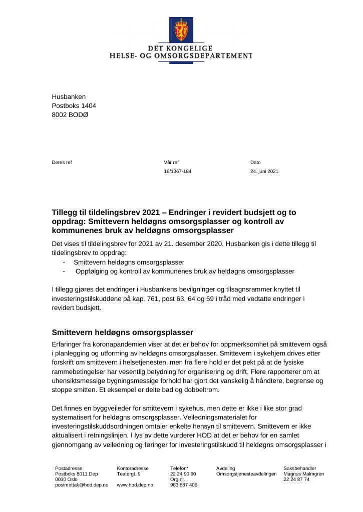 Forsiden av dokumentet Tildelingsbrev Husbanken 2021 - tillegg nr. 3