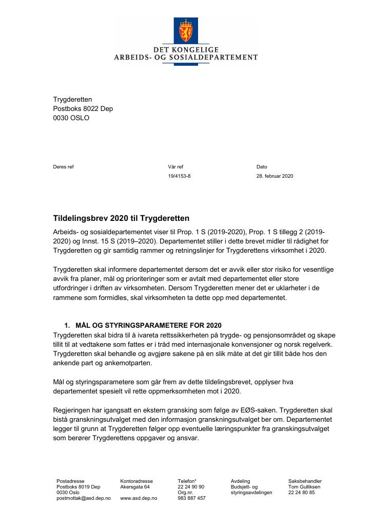 Forsiden av dokumentet Tildelingsbrev Trygderetten 2020