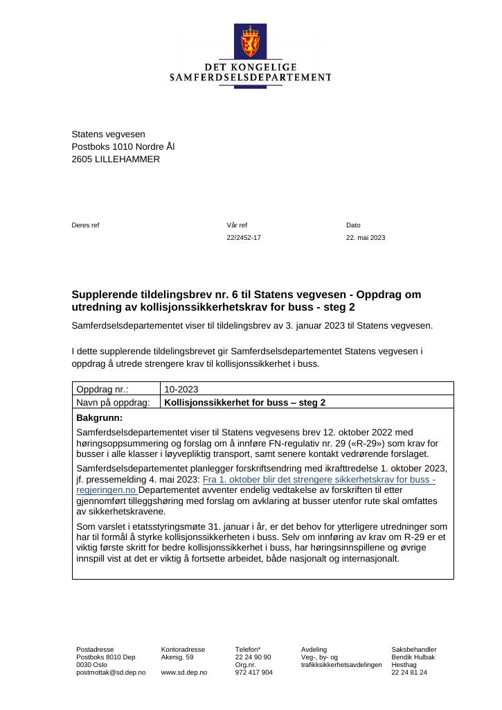 Forsiden av dokumentet Tildelingsbrev Statens vegvesen 2023 - tillegg nr. 6