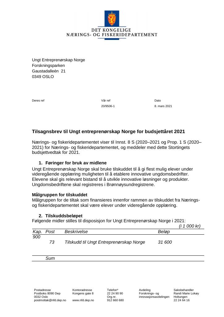 Forsiden av dokumentet Tilskuddsbrev