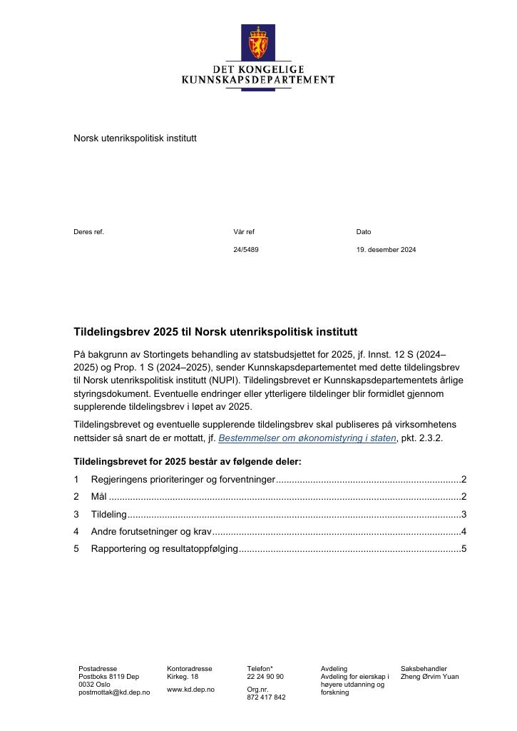 Forsiden av dokumentet Tildelingsbrev Norsk utenrikspolitisk institutt (NUPI) 2025