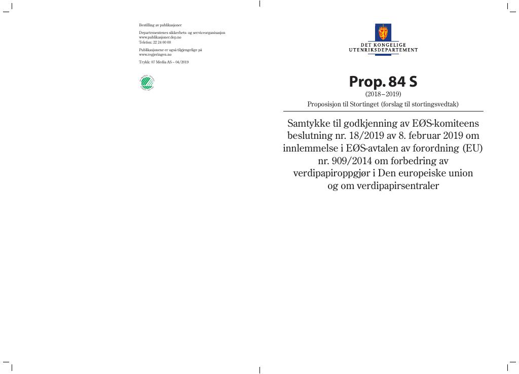 Forsiden av dokumentet Prop. 84 S (2018–2019)