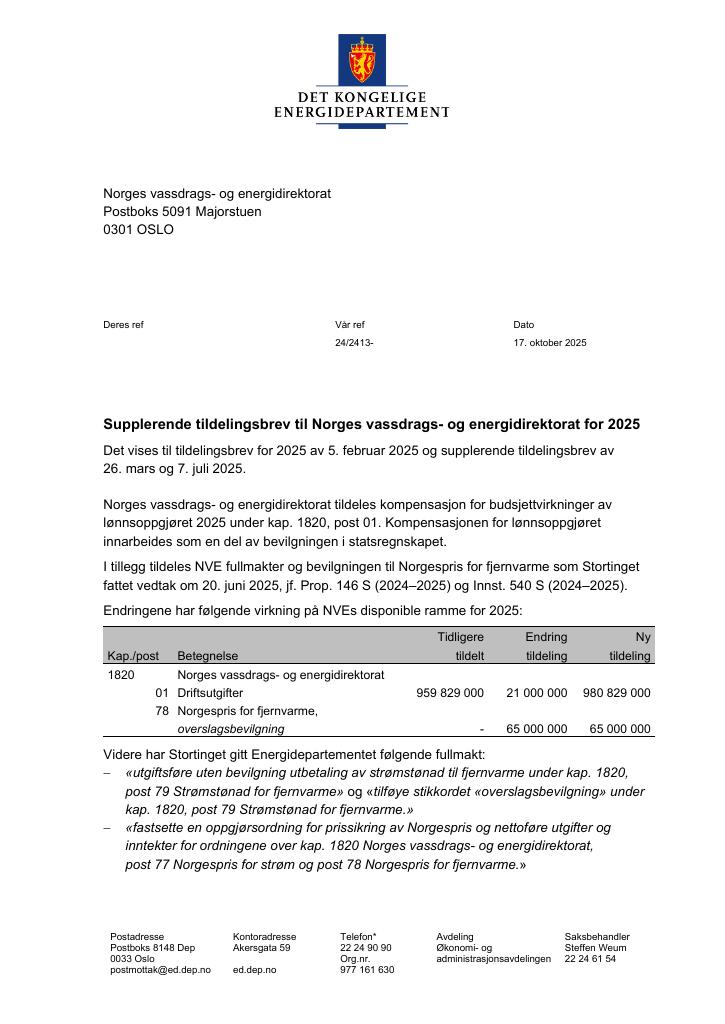 Forsiden av dokumentet Tildelingsbrev Norges vassdrags- og energidirektorat 2025 - tillegg nr. 3