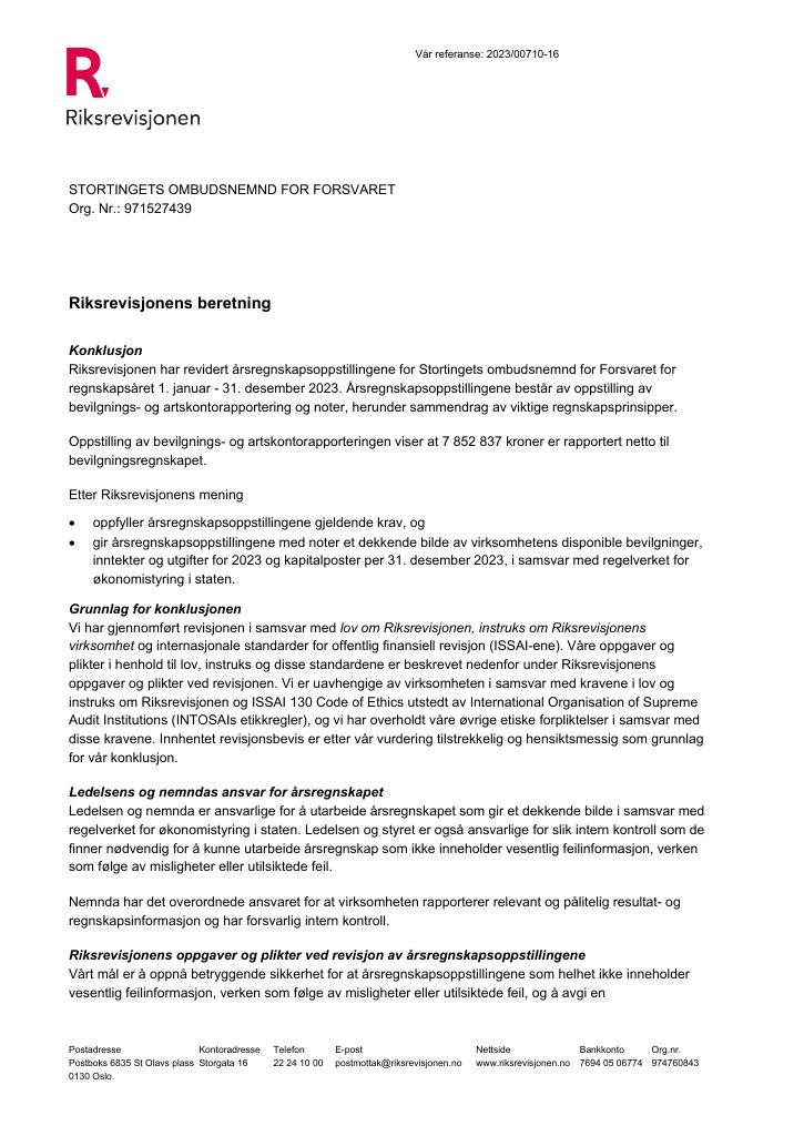 Forsiden av dokumentet Revisjonsberetning Stortingets ombudsnemnd for Forsvaret 2023