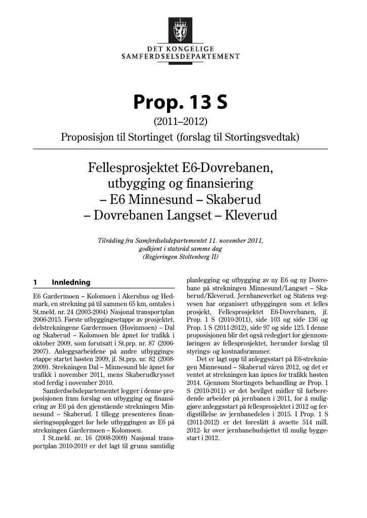 Forsiden av dokumentet Prop. 13 S (2011–2012)