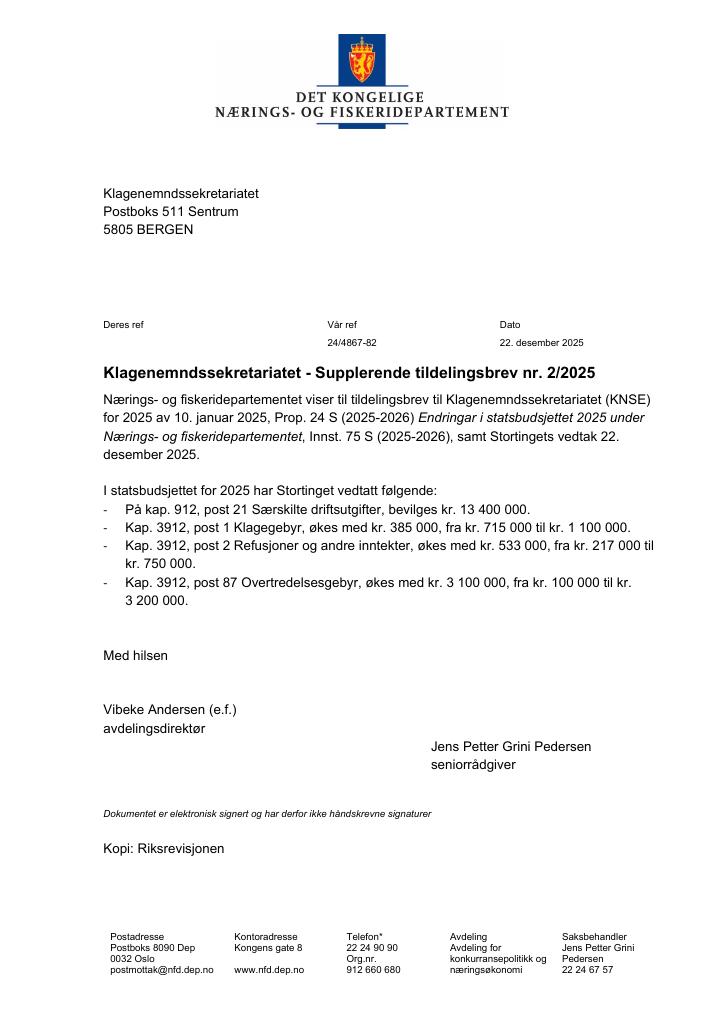 Forsiden av dokumentet Tildelingsbrev  Klagenemndssekretariatet 2025 - tillegg nr. 2