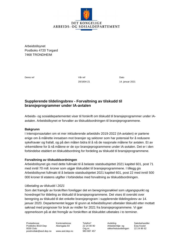 Tildelingsbrev Arbeidstilsynet 2021 - Tillegg Nr. 1 - Kudos