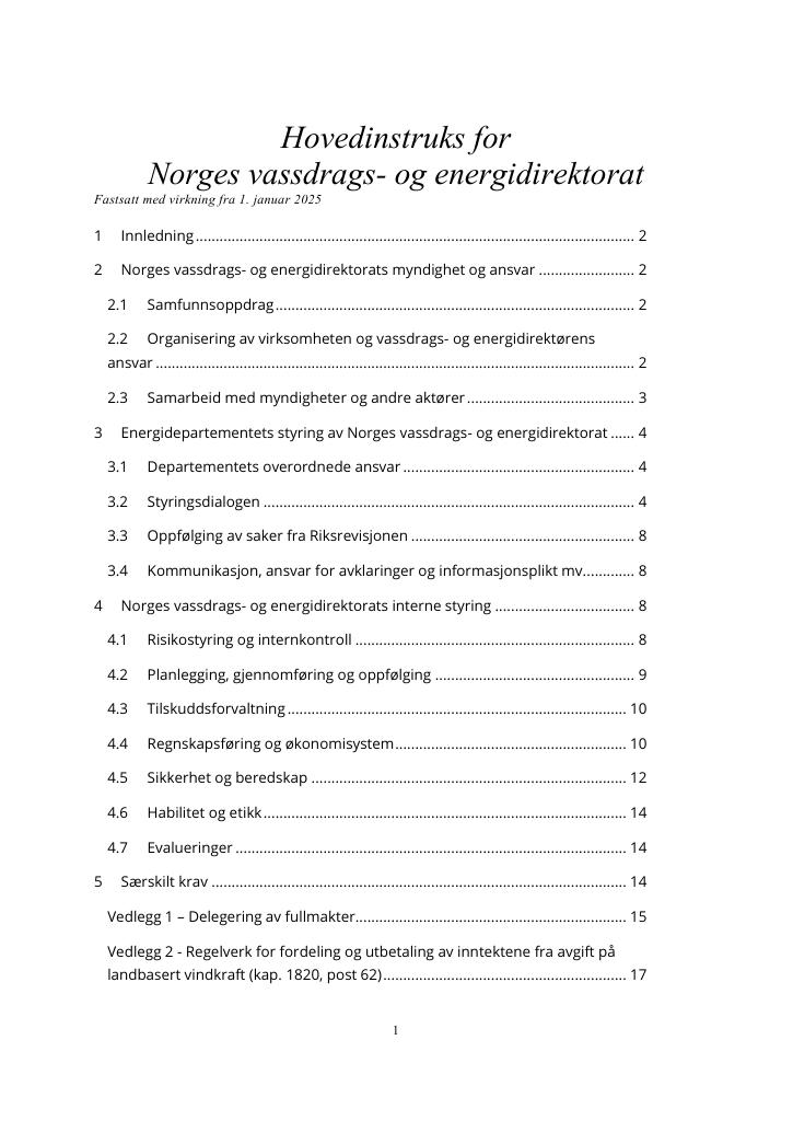 Forsiden av dokumentet Hovedinstruks for Norges vassdrags- og energidirektorat 2025