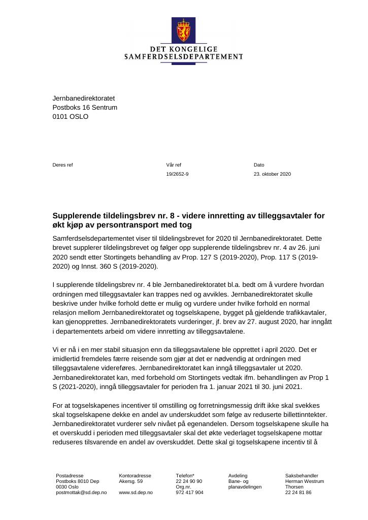 Forsiden av dokumentet Supplerende tildelingsbrev Jernbanedirektoratet 2020 - nr. 8