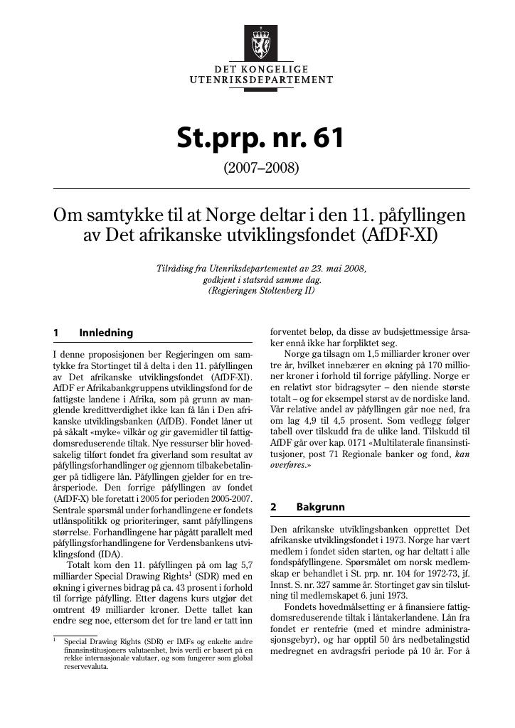 Forsiden av dokumentet St.prp. nr. 61 (2007-2008)