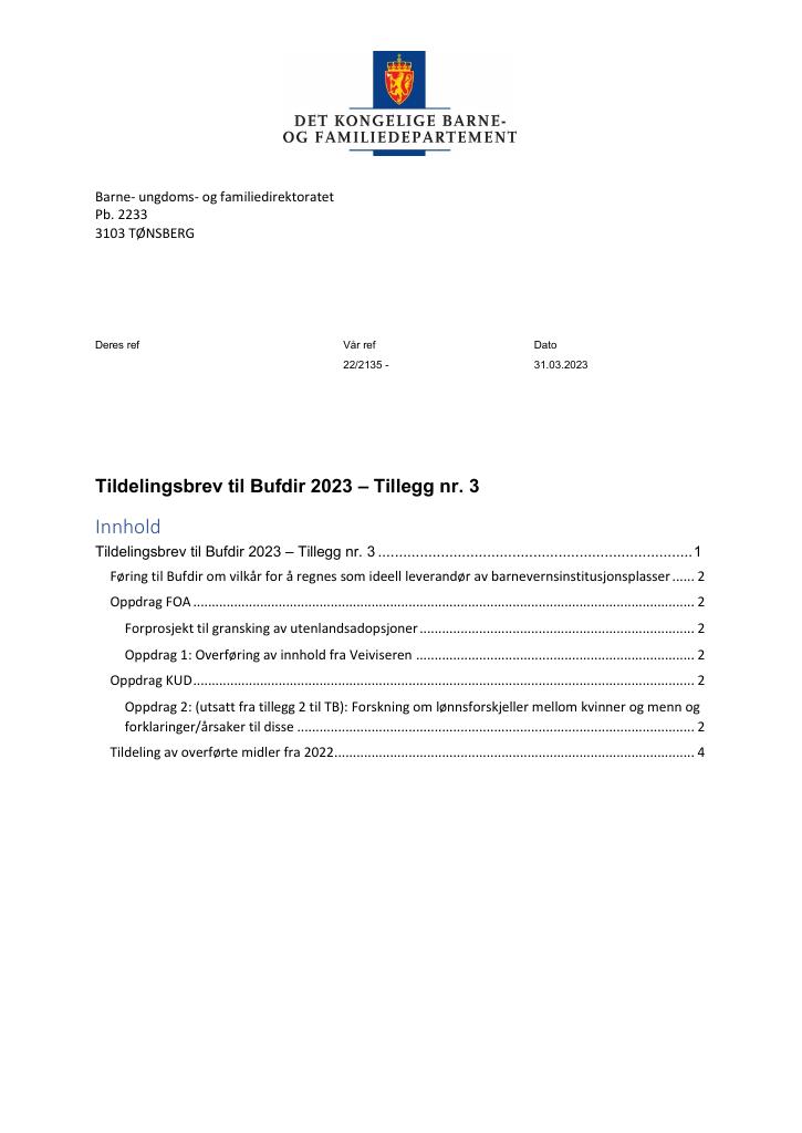 Forsiden av dokumentet Tildelingsbrev Bufdir 2023 – tillegg nr. 3