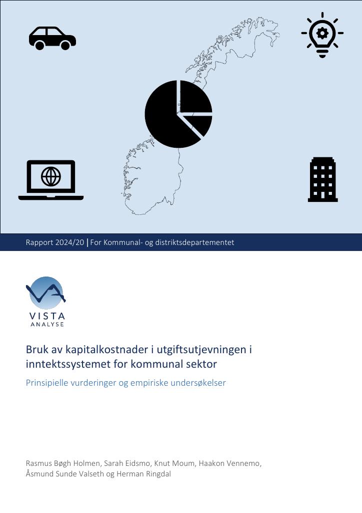 Forsiden av dokumentet Bruk av kapitalkostnader i utgiftsutjevningen i inntektssystemet  for kommunal sektor. Prinsipielle vurderinger og empiriske undersøkelser