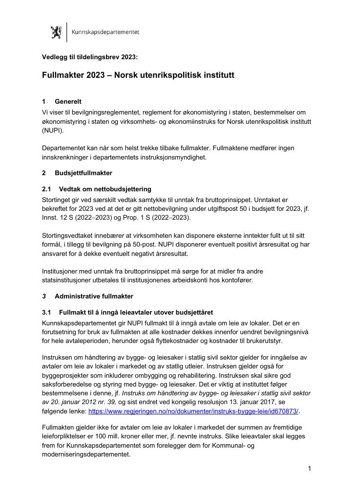 Forsiden av dokumentet Tildelingsbrev NUPI 2023 - vedlegg