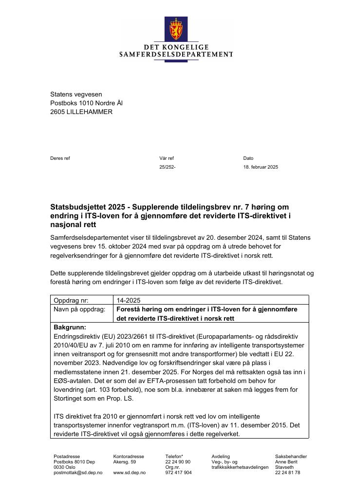 Forsiden av dokumentet Tildelingsbrev Statens vegvesen 2025 - tillegg nr. 7