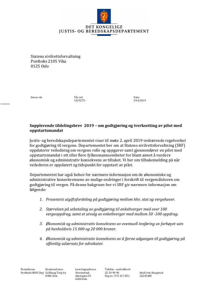 Forsiden av dokumentet Supplerende tildelingsbrev nr. 1 Statens sivilrettsforvaltning 2019