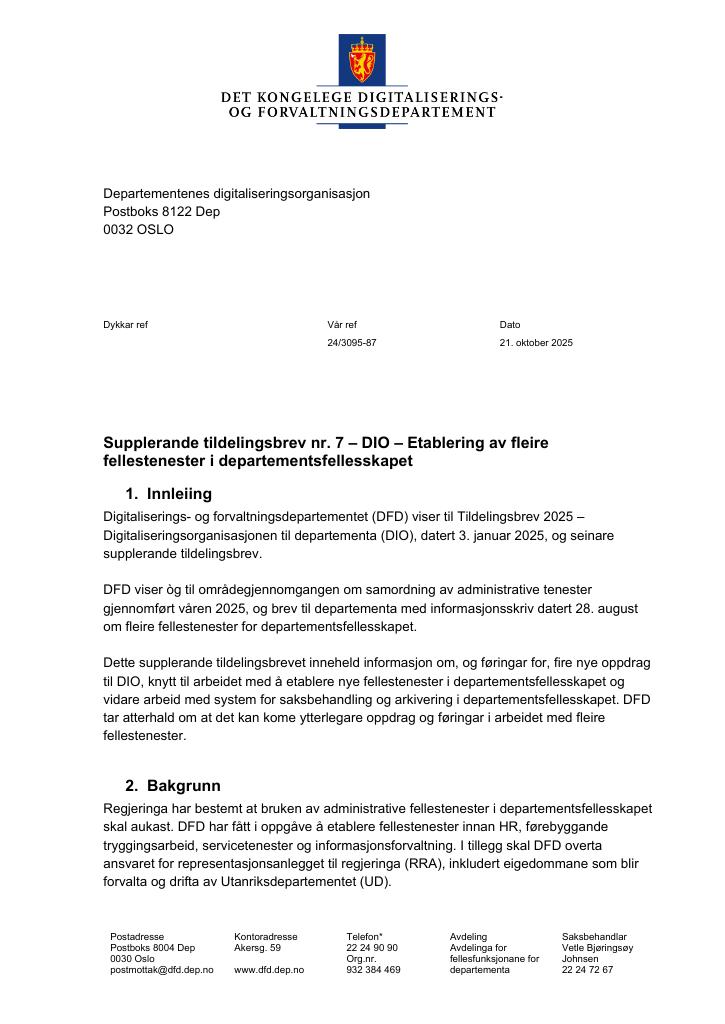 Forsiden av dokumentet Tildelingsbrev Departementenes digitaliseringsorganisasjon 2025 - tillegg nr. 7