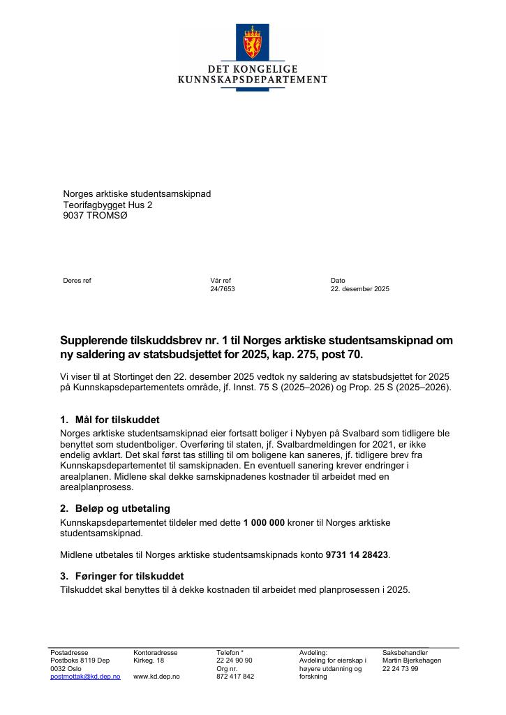 Forsiden av dokumentet Tilskuddsbrev Norges arktiske studentsamskipnad 2025 - tillegg nr. 1