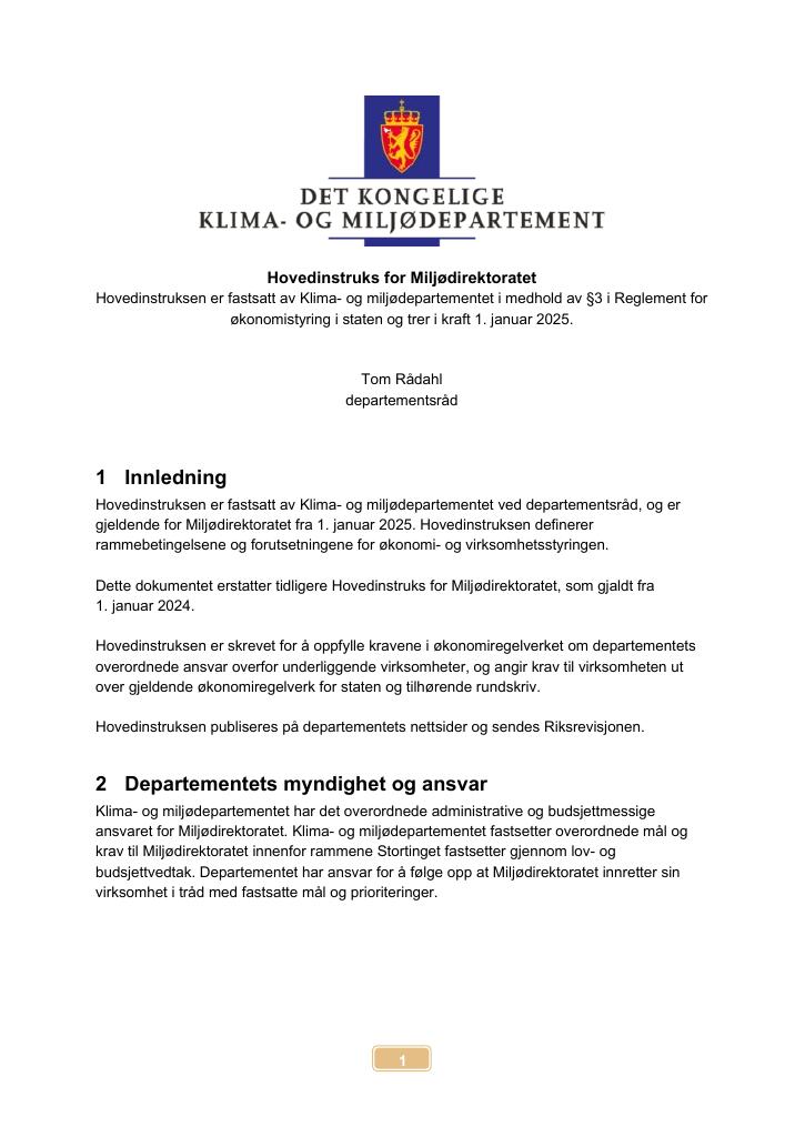 Forsiden av dokumentet Hovedinstruks for Miljødirektoratet 2025