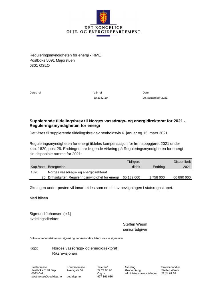 Forsiden av dokumentet Tildelingsbrev Norges vassdrags- og energidirektorat 2021 - tillegg nr. 2