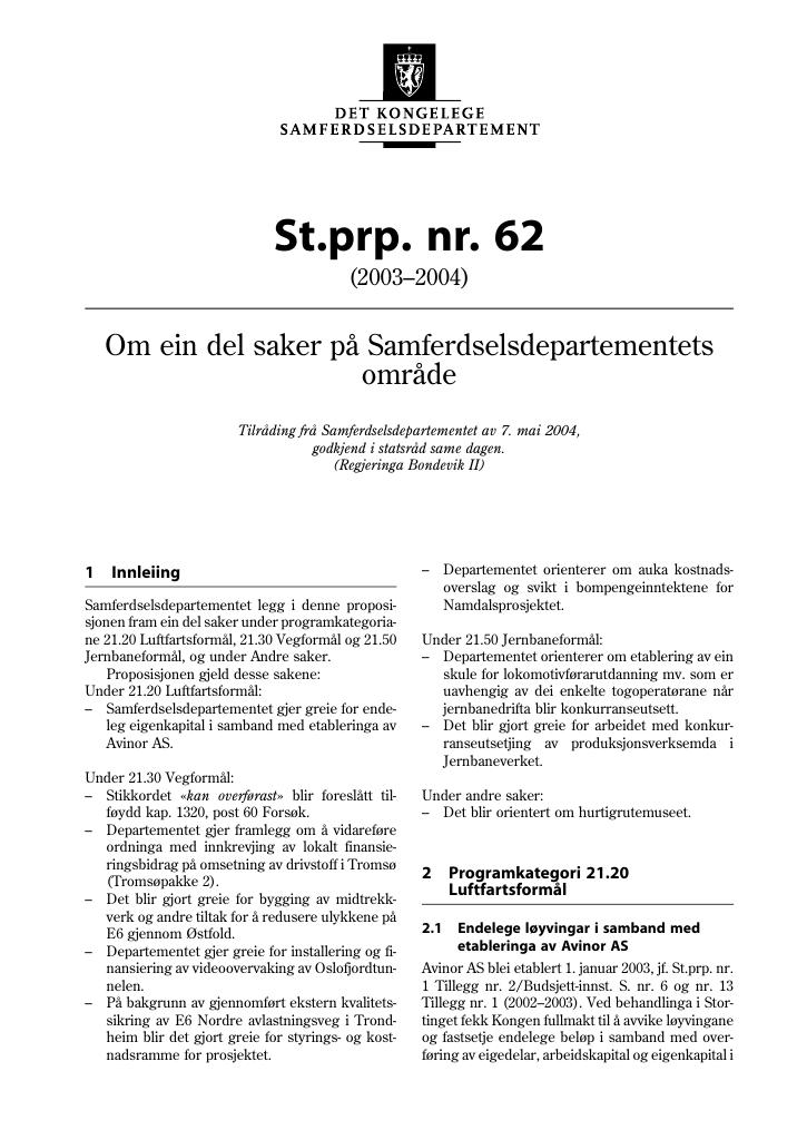 Forsiden av dokumentet St.prp. nr. 62 (2003-2004)