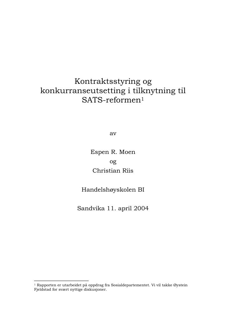 Forsiden av dokumentet Kontraktsstyring og konkurranseutsetting i tilknytning til SATS-reformen