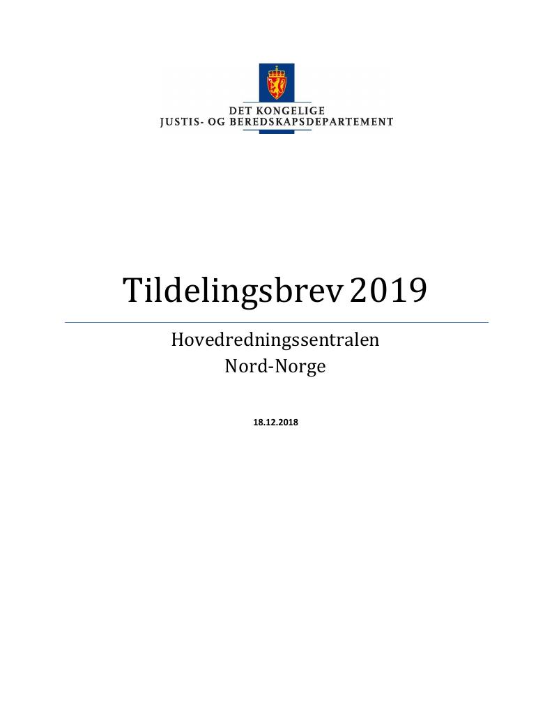 Forsiden av dokumentet Tildelingsbrev Hovedredningssentralen 2019