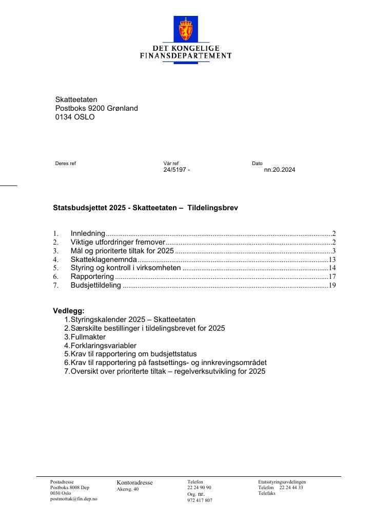 Forsiden av dokumentet Tildelingsbrev Skatteetaten 2025