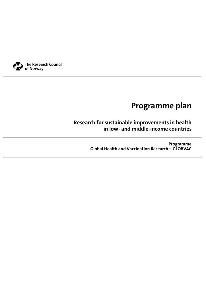 Forsiden av dokumentet Program Plan: Research for sustainable improvements in health in low and middle-income countries